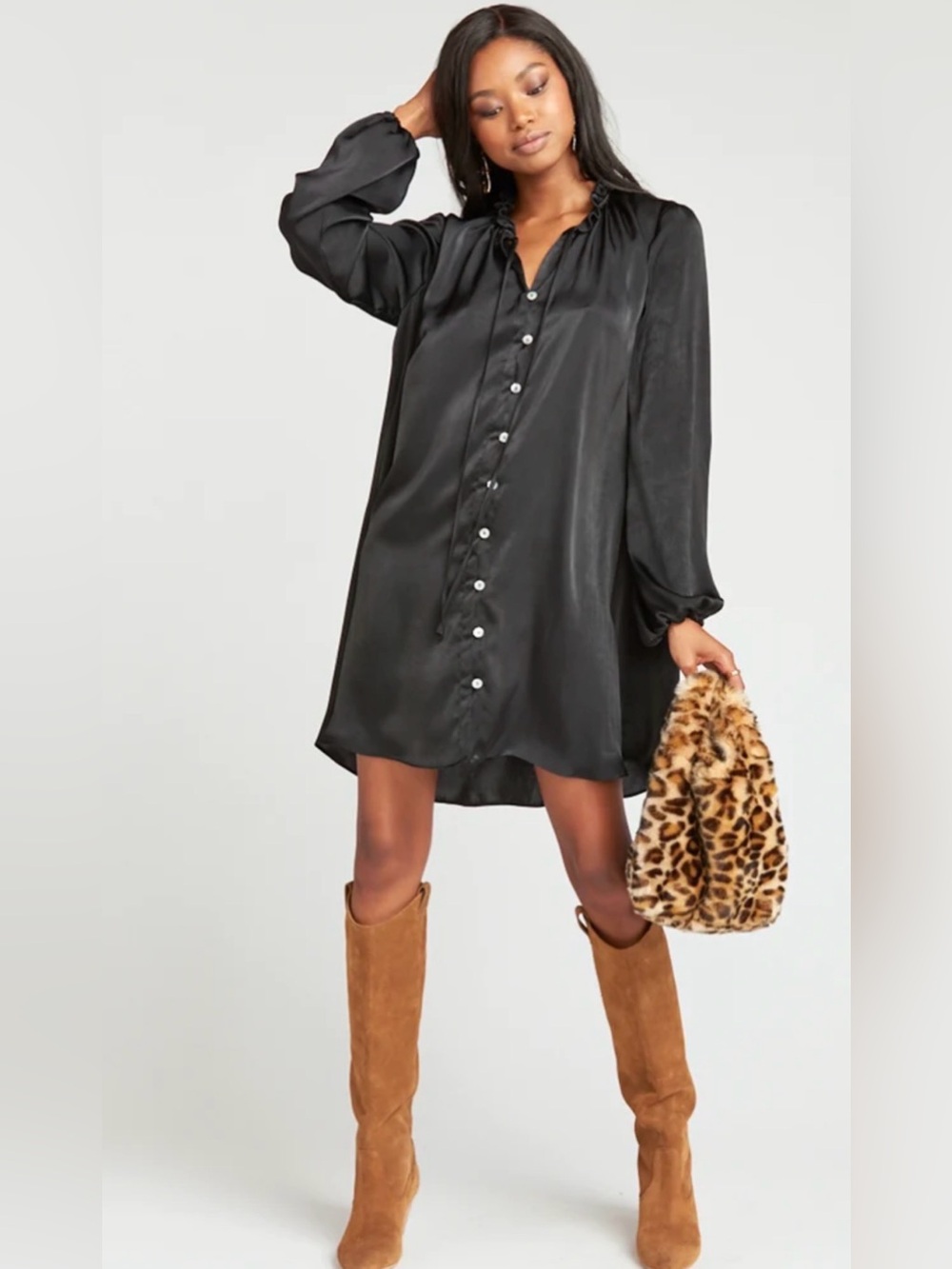 Show me your mumu McKenna dress Black Long-Sleeve Ruffle Collar Button Sz small